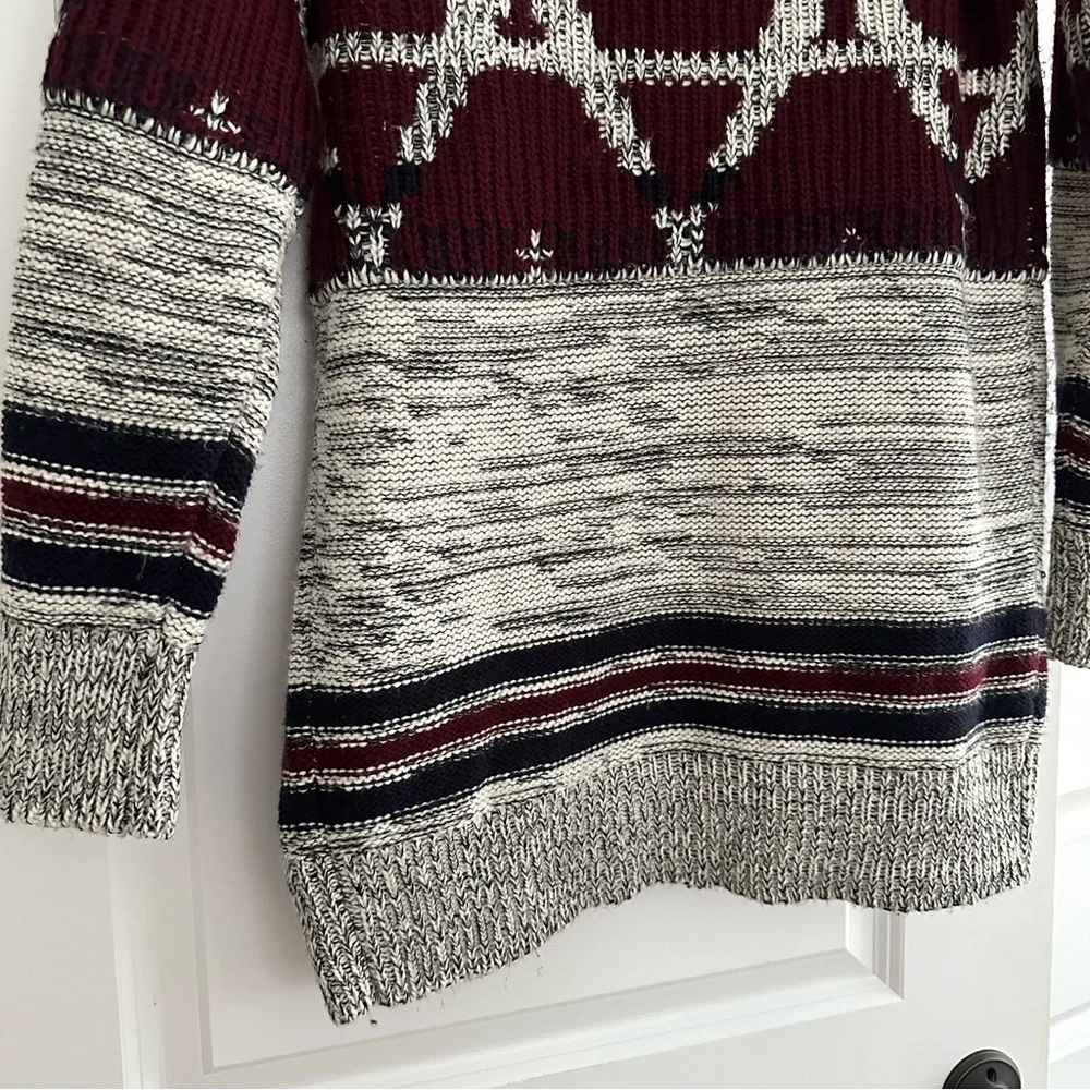 Fair Isle Fall Grey & Burgundy Open Front Oversized Cardigan Sweater